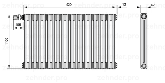 Схема (чертеж) Радиатор Zehnder Charleston 2110/20 №V012 Белый глянцевый RAL 9016